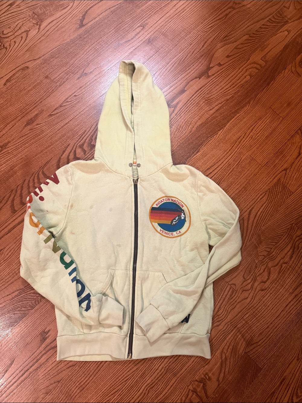 Aviator Nation Lime Green Zip-Up Hoodie with Rainbow Sleeve Graphic XS